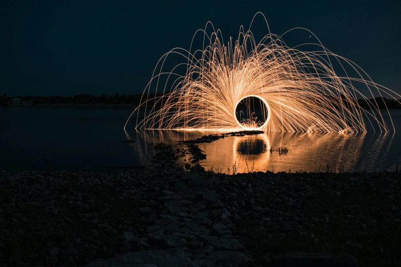 a man standing on top of a beach next to a body of water, a stipple, pexels contest winner, muzzle flash, light circles, dancing around a fire, fiberoptic hair