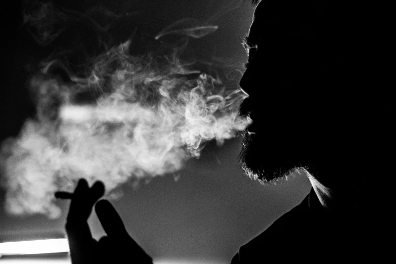 a man smoking a cigarette in the dark, a black and white photo, pexels, conceptual art, silhoutte, illustration », hunter biden smoking crack, background ( smoke