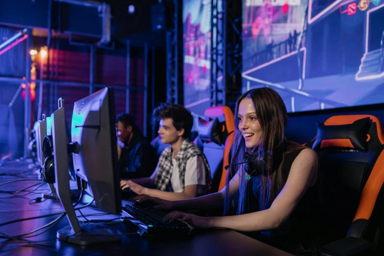 a group of people playing a game on a computer, irelia, profile image, 4074294527, centre image
