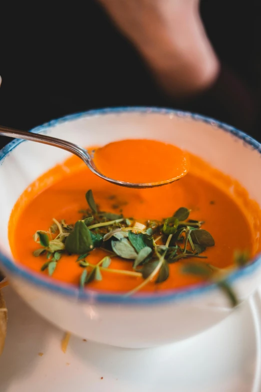 a bowl of soup with a spoon in it, inspired by Charles Le Roux, pexels contest winner, holding hot sauce, square, fine dining, blues