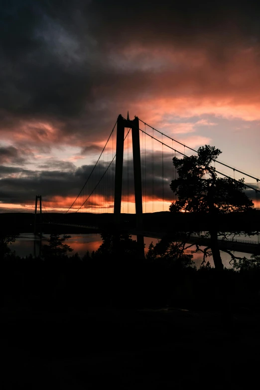 a bridge over a body of water under a cloudy sky, by Sven Nordqvist, hurufiyya, ((sunset)), connected with hanging bridge!!, hestiasula head, - n 9