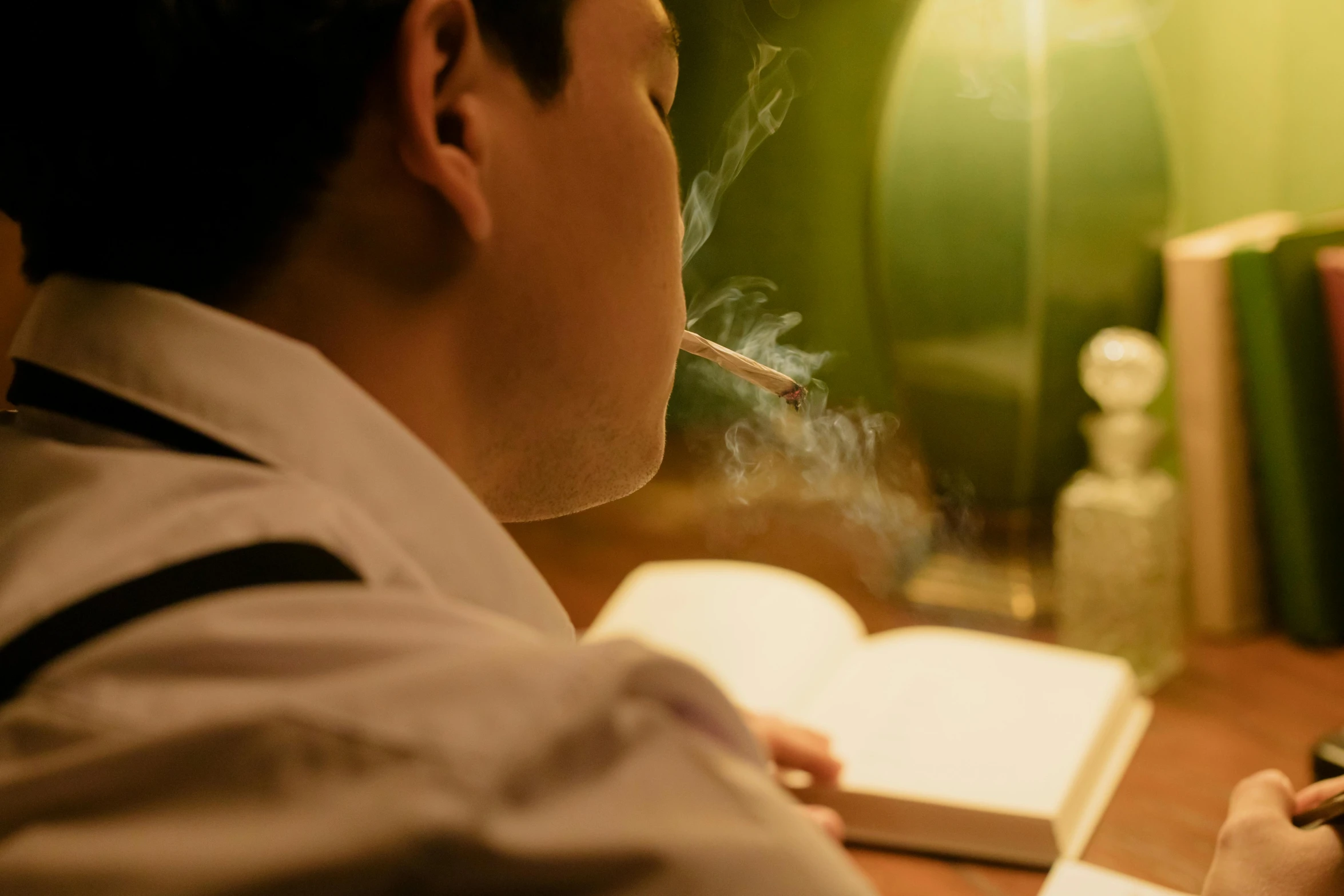 a man sitting at a desk smoking a cigarette, pexels contest winner, renaissance, curled up on a book, calm night. over shoulder shot, profile image, light haze