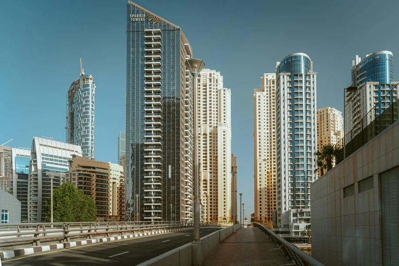 a group of tall buildings sitting next to each other, pexels contest winner, hyperrealism, all buildings on bridge, dubai, vray 8k, empty streetscapes