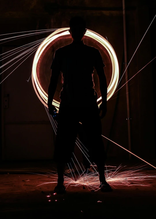 a man standing in front of a circle of light, a picture, pexels contest winner, light and space, bright thin wires, full body photgraph, badass filters and effects, profile picture