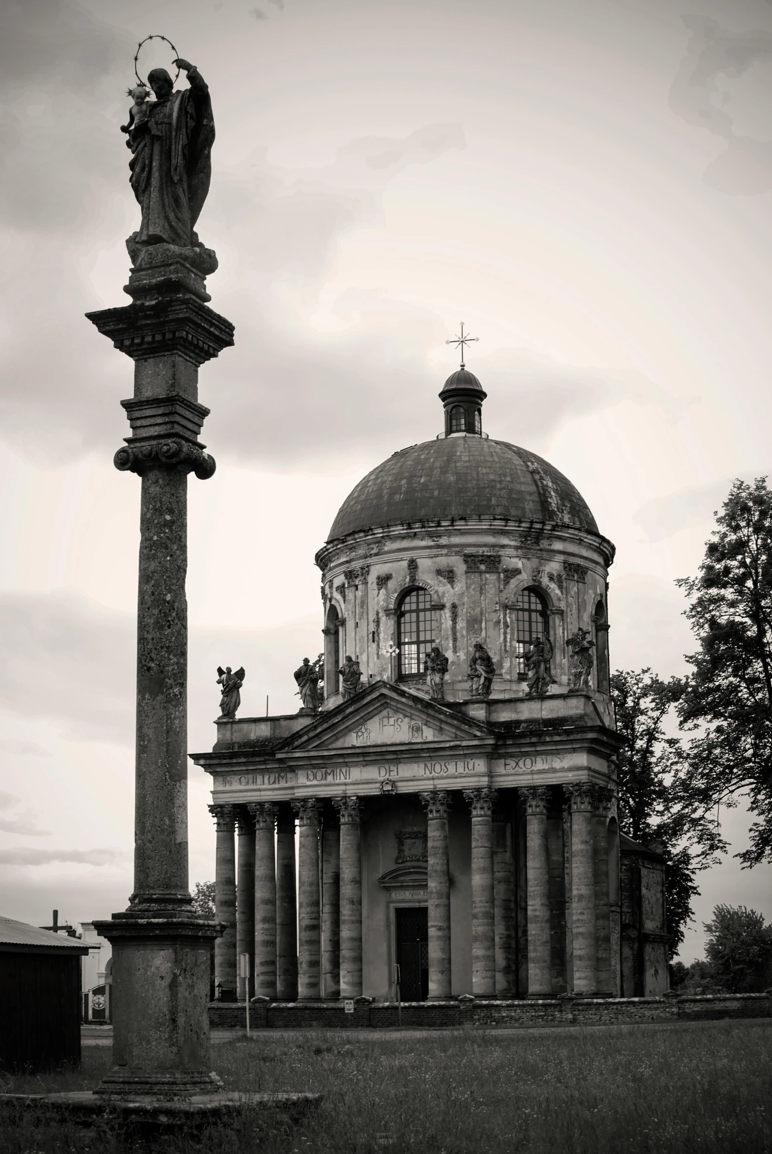 a black and white photo of a statue in front of a building, inspired by Hubert Robert, neoclassicism, dome, 2019 trending photo, ukraine. photography, cathedral!!!!!