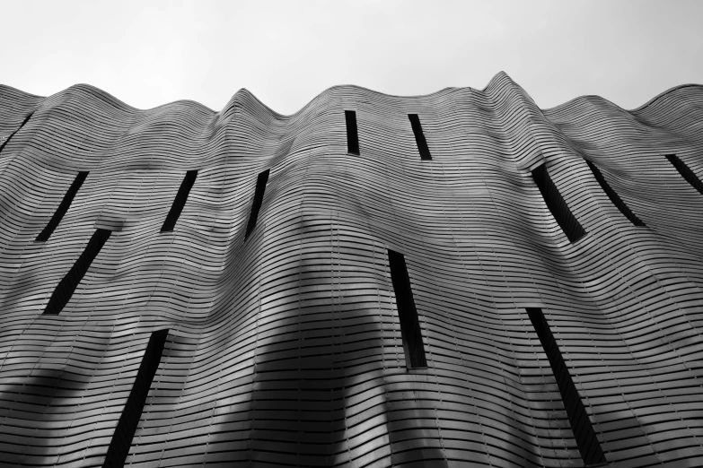 a black and white photo of a building, inspired by Zha Shibiao, pexels contest winner, metal cladding wall, today\'s featured photograph 4k, wavy, sound wave