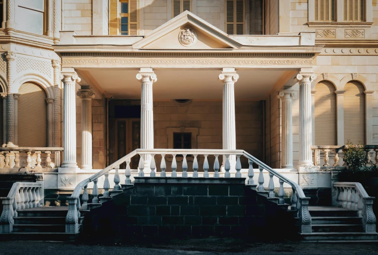 a set of stairs leading up to a large building, inspired by Carel Willink, pexels contest winner, neoclassicism, with a front porch, high details photo