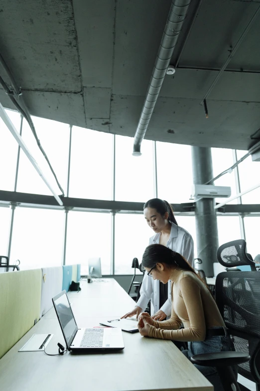 a couple of people sitting at a table with a laptop, in an office, on top of it, medical research facility, ui and ux