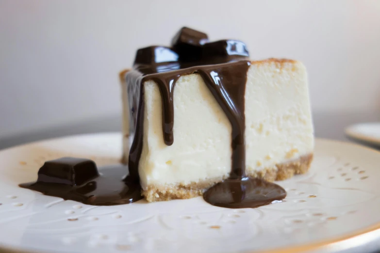 a piece of cheesecake sitting on top of a white plate, unsplash, some chocolate sauce, square, gleaming white, close-up photo