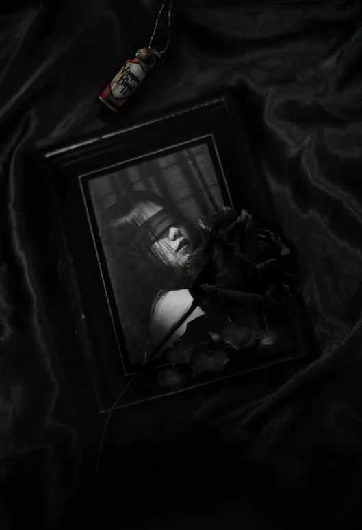 a picture of a woman sitting on top of a bed, a black and white photo, pexels contest winner, gothic art, black rose frame. d&d, detailed photo of an album cover, horror wallpaper aesthetic, picture frames