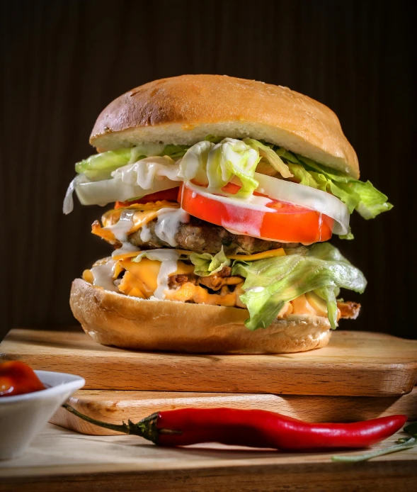 a hamburger sitting on top of a wooden cutting board, by Andries Stock, pexels contest winner, malaysian, profile image, spicy, blender