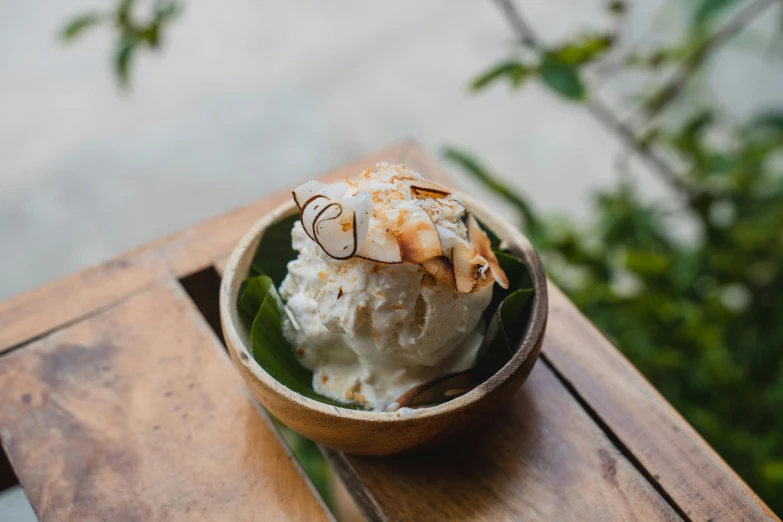 a bowl of ice cream sitting on top of a wooden table, bali, profile image, lush flora, white