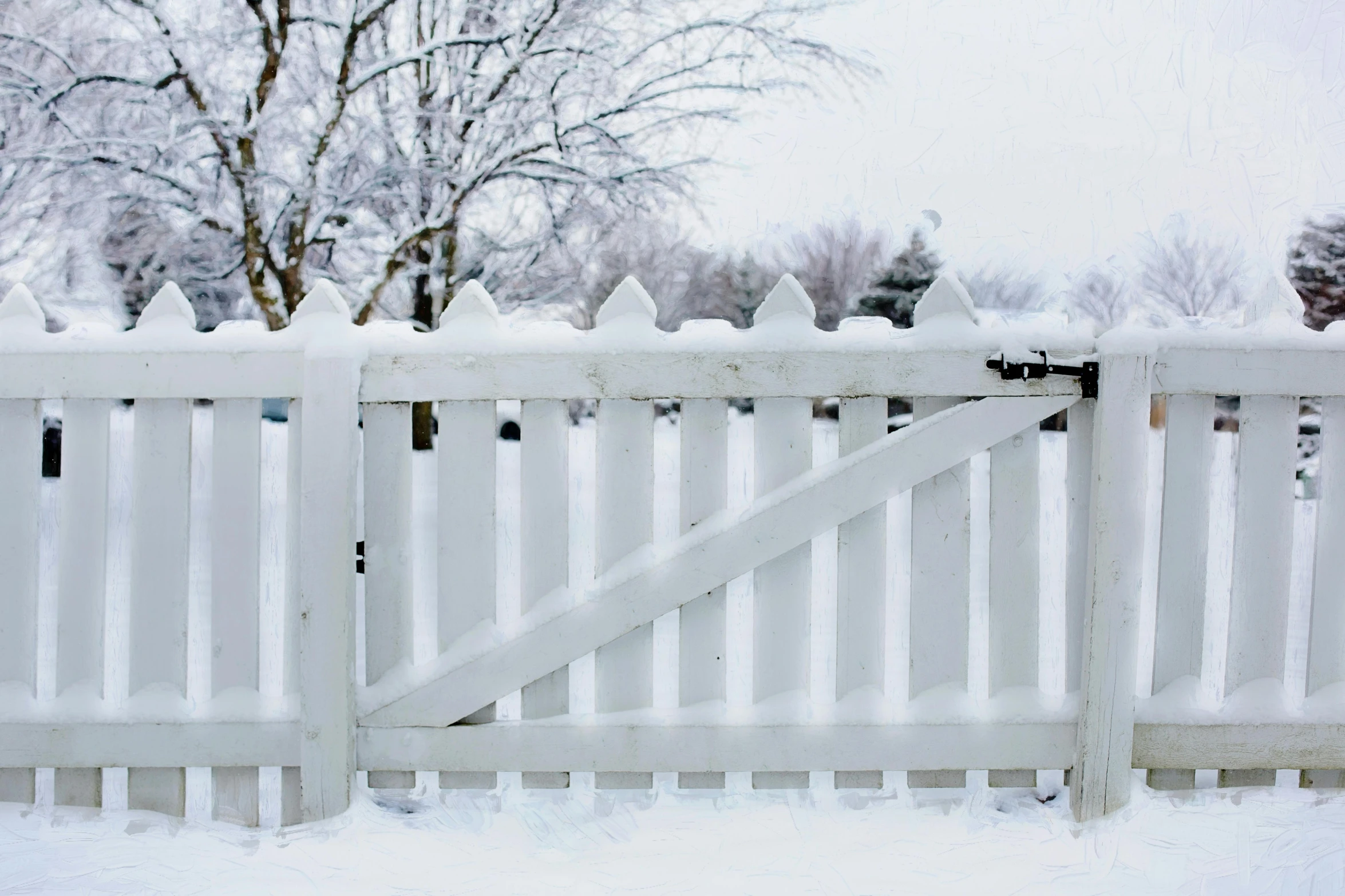 a white fence covered in snow next to a tree, gate, background image, cottagecore, white plank siding