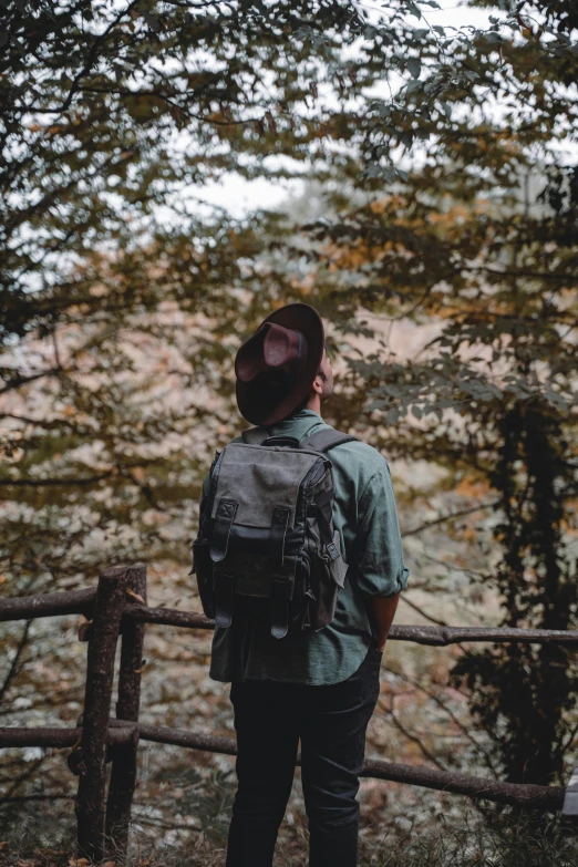 a man with a backpack standing in front of a fence, pexels contest winner, forest with trees with faces, muted colors. ue 5, overlooking, face covered