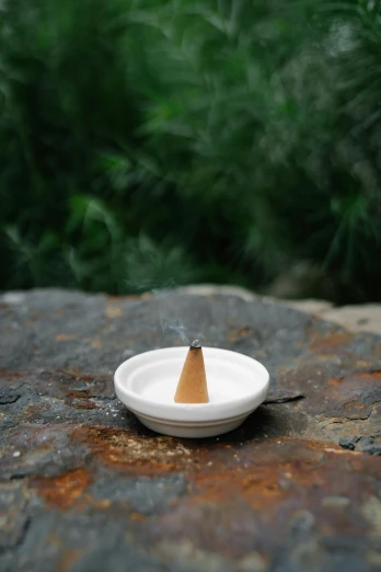 a small white plate sitting on top of a rock, a marble sculpture, inspired by Tōshi Yoshida, unsplash, incense, outdoor, cone shaped, mint