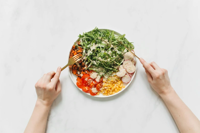 a person holding a fork over a plate of food, salad, detailed product image, full product shot, bowl