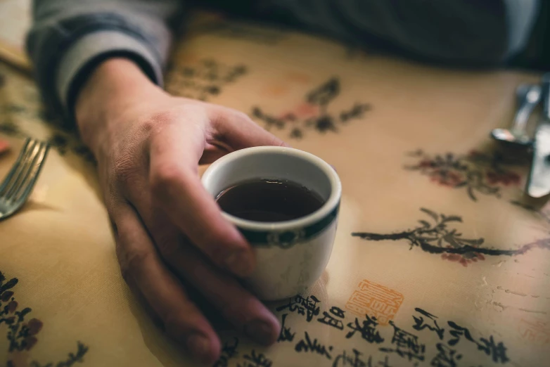 a person holding a cup of coffee on a table, inspired by Cui Bai, ancient writing, secret tea society, avatar image, thumbnail