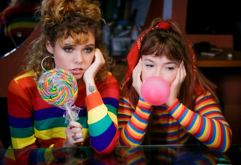 two girls sitting at a table with lollipop lollipop lollipop lollipop lollipop lollipop lollipop, by Joe Bowler, kitsch movement, resembling a mix of grimes, curly bangs, rainbow clothes, annoyed