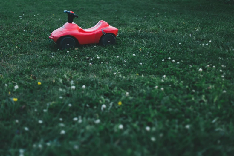 a red toy car sitting on top of a lush green field, the grass, zoomed out