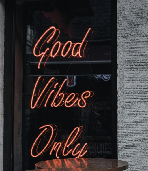 a neon sign that says good vibes only, pexels contest winner, ✨🕌🌙, high quality photo, cosy vibes, 1 6 x 1 6