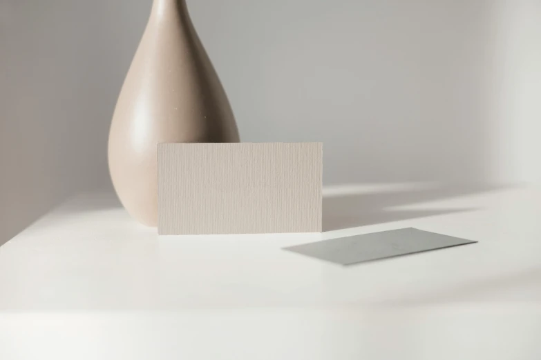 a vase sitting on top of a white table next to a card, minimalism, taupe, business card, no text, viewed from behind