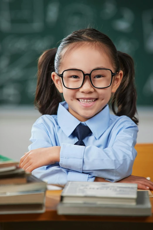 a little girl sitting at a desk with a pile of books, a picture, by Jason Felix, shutterstock contest winner, square rimmed glasses, asian features, teacher, smiling at camera