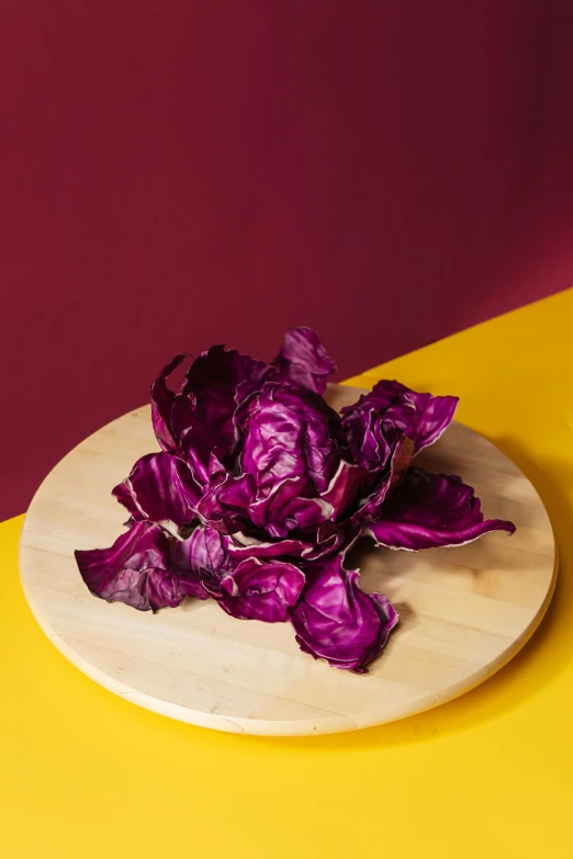 a plate of red cabbage on a yellow table, by Robbie Trevino, process art, detailed product image, large leaves, a wooden