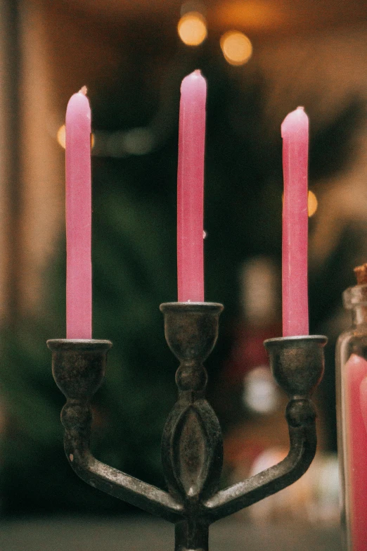 a group of pink candles sitting on top of a table, a colorized photo, pexels, made of bronze, seasonal, amanda lilleston, low detail