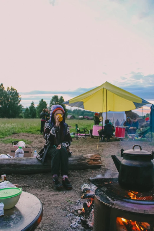 a woman sitting on a log next to a fire, people outside eating meals, overcast skies, campy and colorful, stålenhag