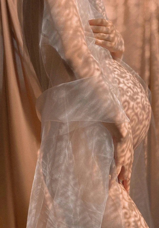 a pregnant woman standing in front of a curtain, an album cover, inspired by Elsa Bleda, pexels contest winner, conceptual art, glowing veins of white, soft shadow, see through, delicate patterned