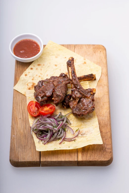 a wooden cutting board topped with meat and veggies, arabesque, mutton chops, brown:-2, skewed shot, grey skinned