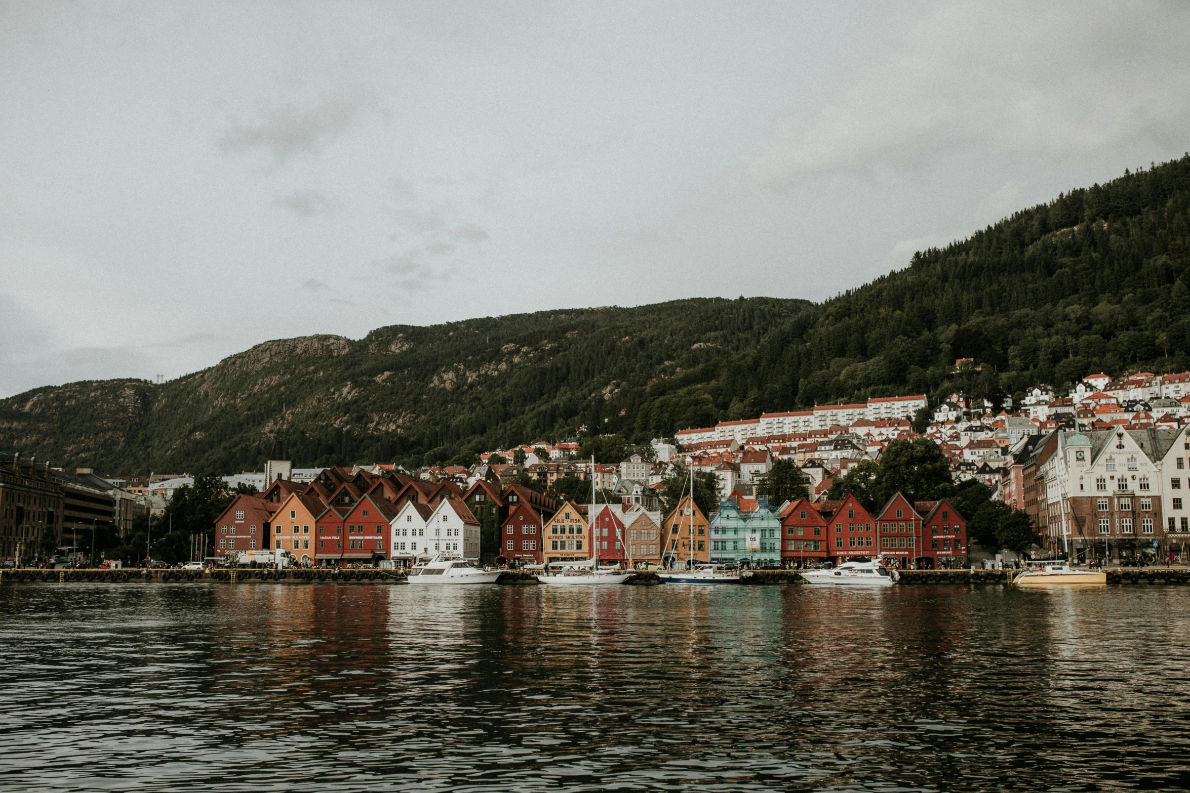 a group of boats floating on top of a body of water, by Jesper Knudsen, pexels contest winner, renaissance, small scandinavian!!! houses, hills in the background, 🚿🗝📝, in muted colors