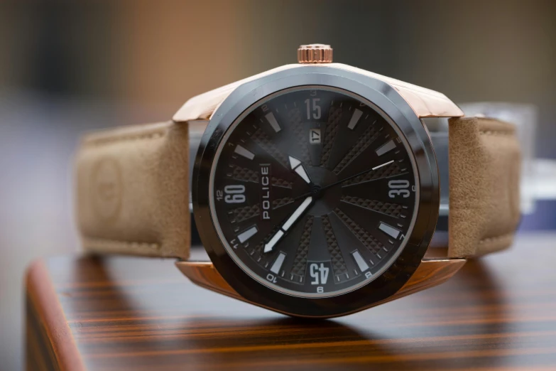 a watch sitting on top of a wooden table, pexels contest winner, photorealism, bronze poli, dynamic closeup, pulsar, front profile shot