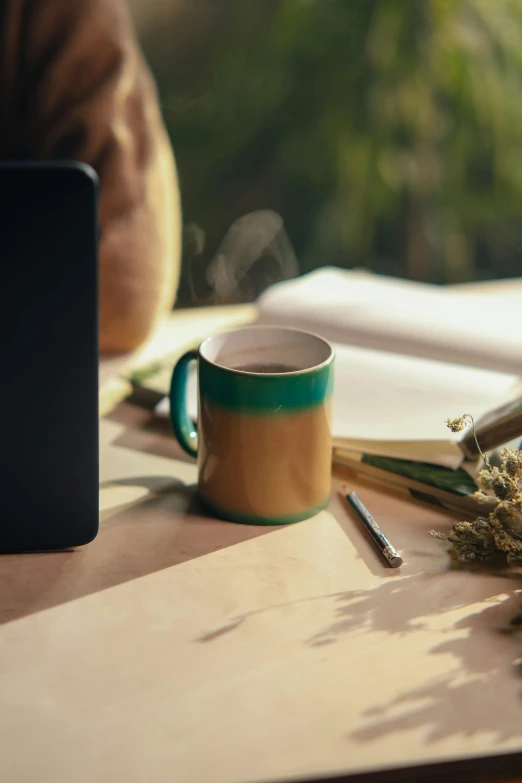 a laptop computer sitting on top of a wooden desk, a still life, by Jessie Algie, trending on pexels, renaissance, coffee cup, late summer evening, draw with wacom tablet, botanicals