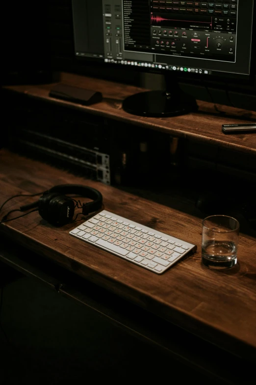 a computer monitor sitting on top of a wooden desk, gamers keyboard, late at night, curated collections, audiophile