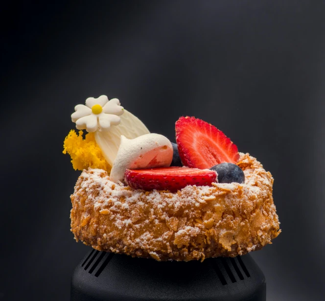 a close up of a pastry with fruit on top, inspired by François Louis Thomas Francia, unsplash, romanticism, striking pose, halo halo halo halo 8k, thumbnail, bouquet