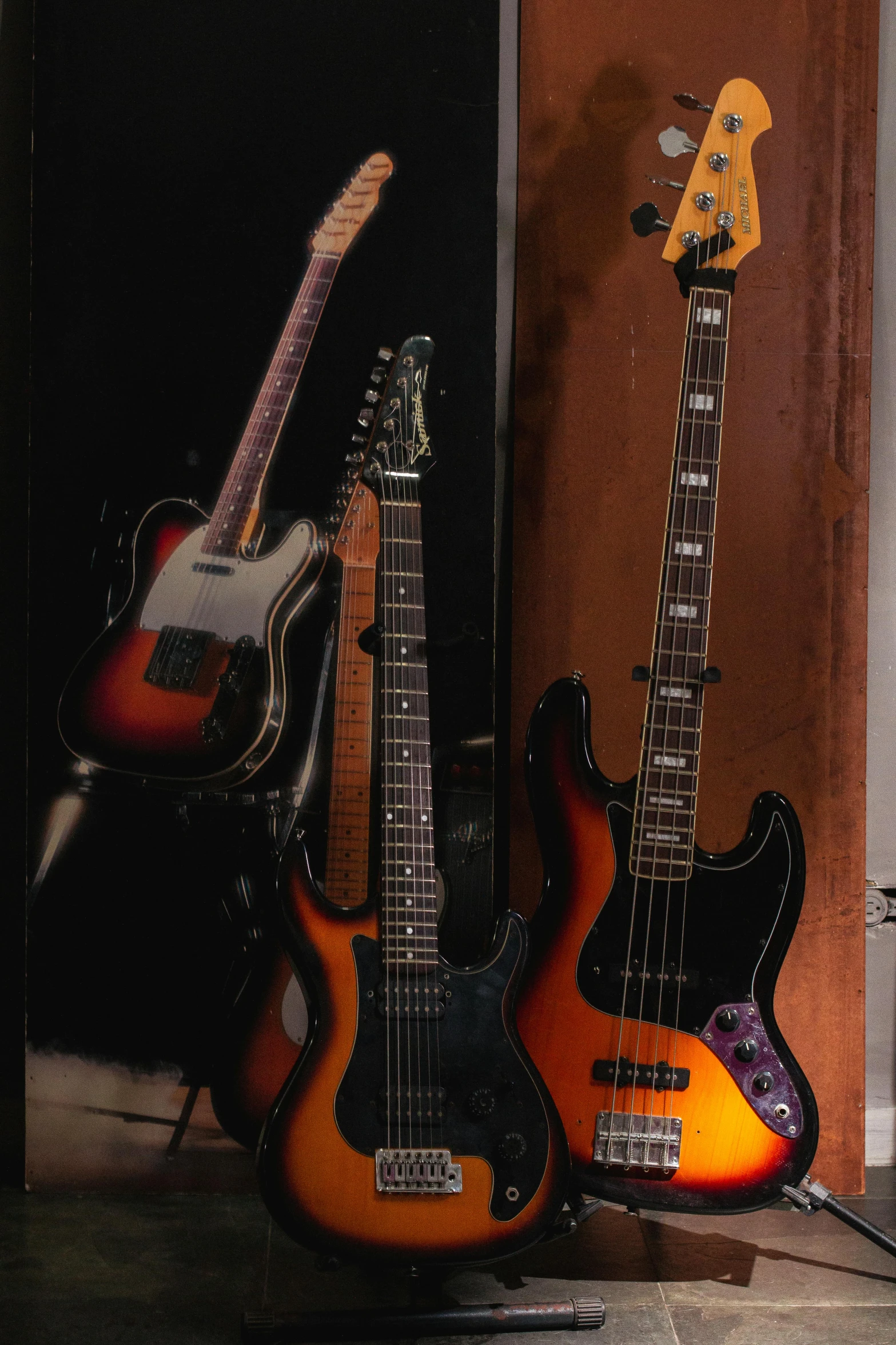 a group of guitars sitting on top of a wooden floor, by Dave Melvin, photorealism, bass sound waves on circuitry, soft lighting sold at an auction, portrait n - 9, 15081959 21121991 01012000 4k