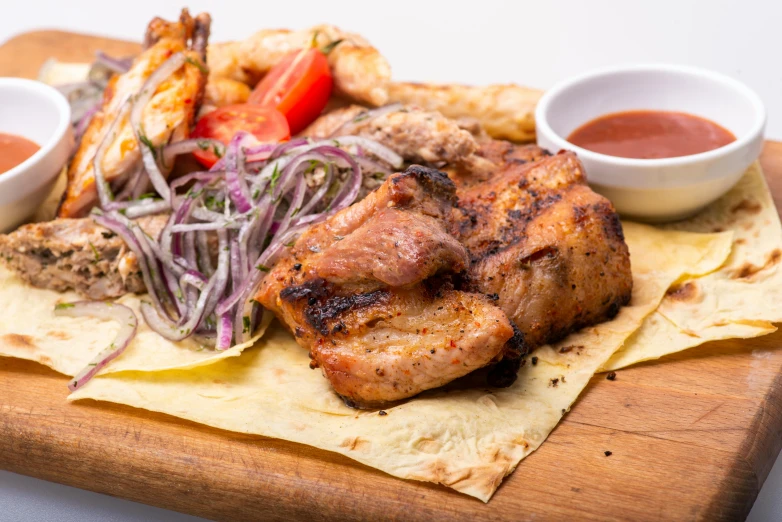 a wooden cutting board topped with meat and vegetables, by Micha Klein, greek ameera al taweel, seaview, great wings, profile image