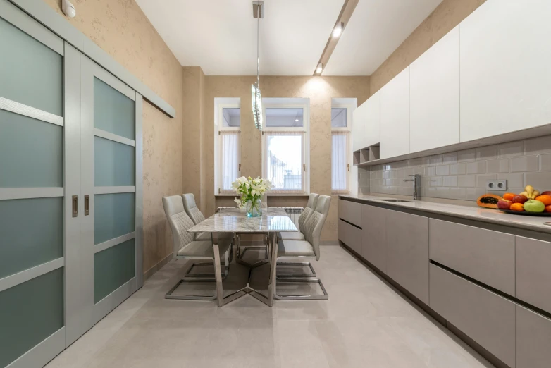 a kitchen with a table and chairs in it, inspired by Albert Paris Gütersloh, unsplash contest winner, light and space, gradient brown to silver, dmitry prozorov style, silver，ivory, suspended ceiling