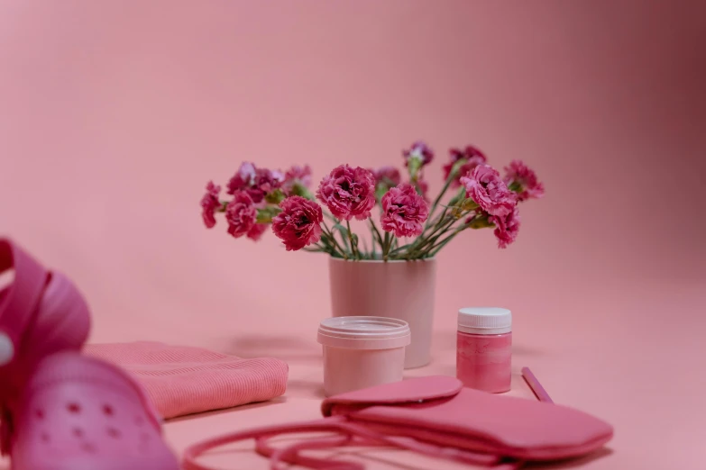 a vase filled with pink flowers sitting on top of a table, by Elsa Bleda, pexels contest winner, plasticien, surgical implements, pink clothes, red color theme, various items