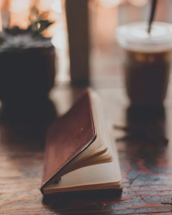 a book sitting on top of a wooden table next to a cup of coffee, muted browns, luxury journal cover, uncropped, lo-fi