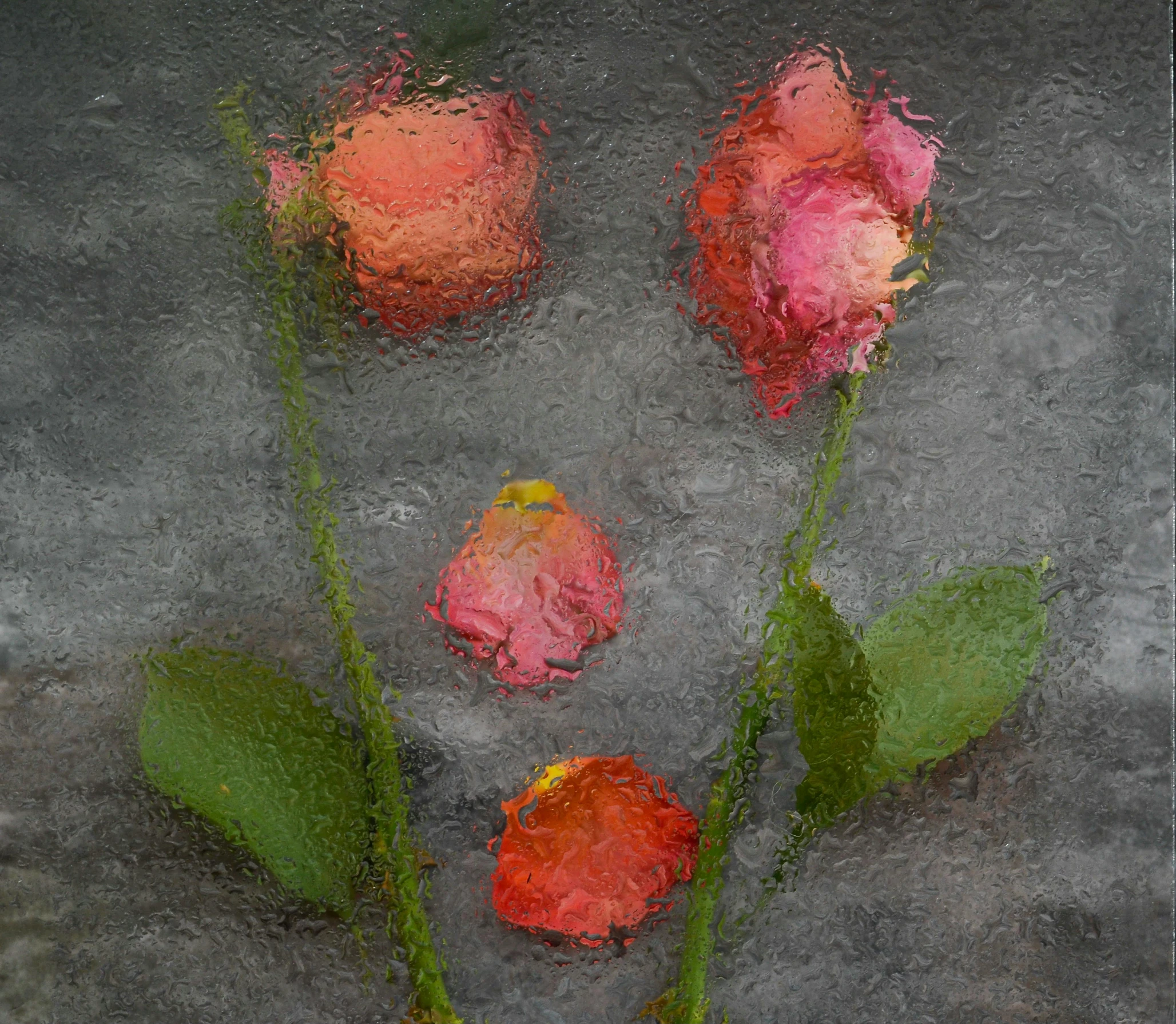 a painting of three roses in a vase, a digital painting, inspired by Jan Rustem, unsplash, paul barson, top down view, in the rain, encaustic painting