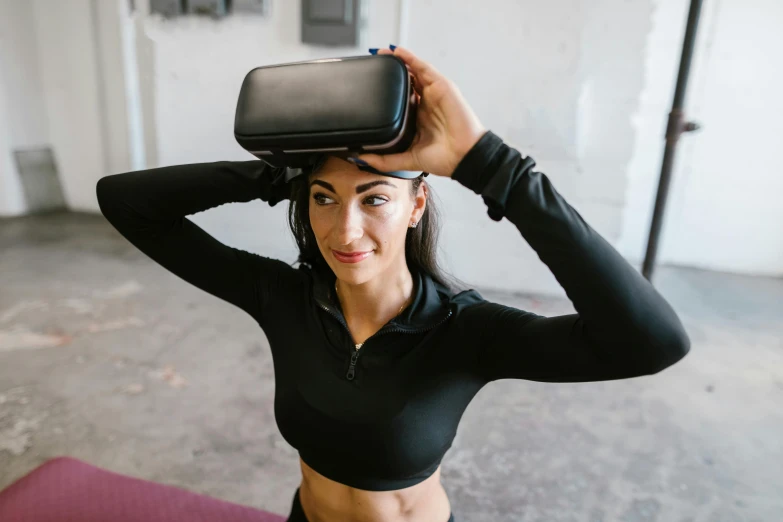 a woman with a vr headset on her head, trending on pexels, sporty physique, alana fletcher, phone!! held up to visor, flex box position