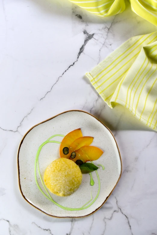 a close up of a plate of food on a table, a picture, thumbnail, mango, ice cream, centered shot