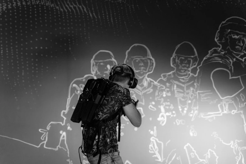 a black and white photo of a man on a skateboard, digital art, interactive art, several soldiers, virtual reality headset, a man wearing a backpack, digital walls