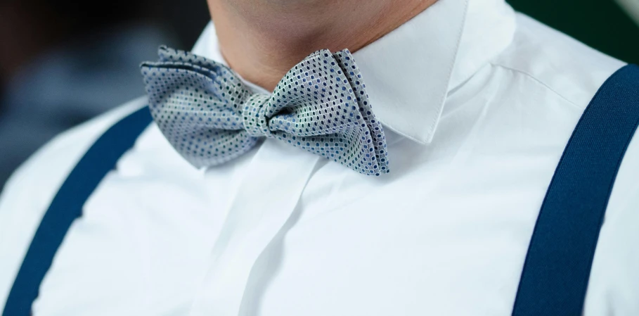 a close up of a person wearing a bow tie, inspired by Charles Angrand, kinetic pointillism, silver，ivory, pale blue, tungsten, worn