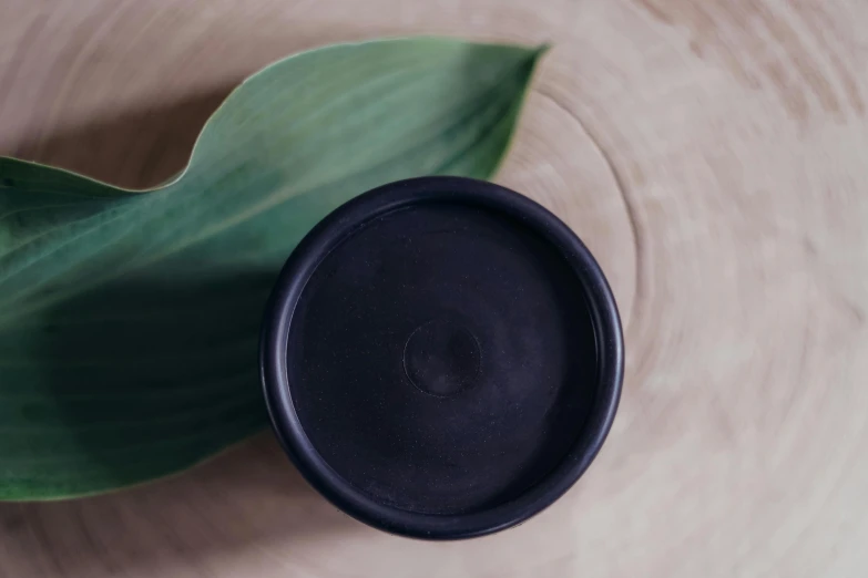 a black cup sitting on top of a green leaf, by Emma Andijewska, purism, skincare, clay material, indigo, looking straight to camera
