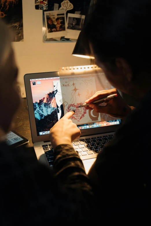 a man sitting in front of a laptop computer, an airbrush painting, pexels, michael kaluta and jia ruan, using a macbook, cartographic, everything fits on the screen