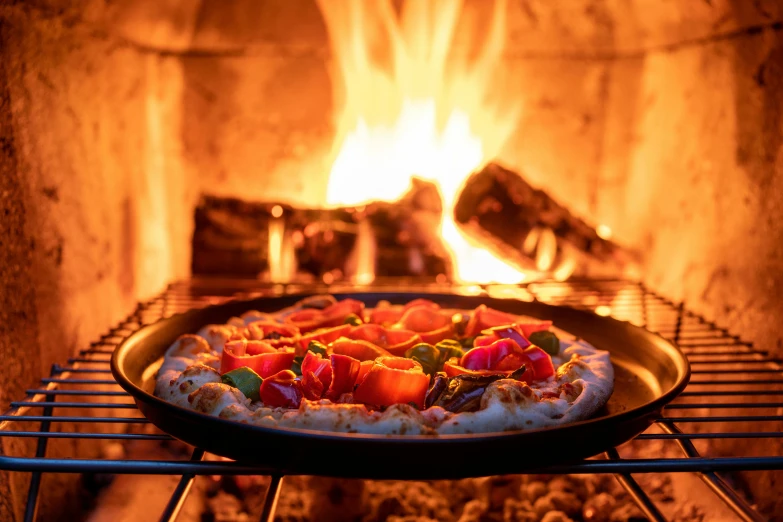 a pizza sitting on top of a pan in front of a fire, profile image, multicoloured, fireplace lighting, food