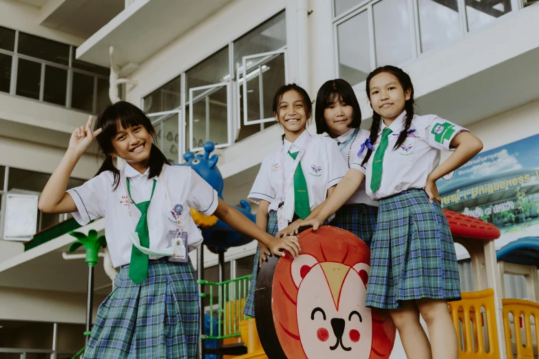 a group of young girls standing next to each other, inspired by Ni Yuanlu, unsplash, heidelberg school, avatar image, school uniform, ad image